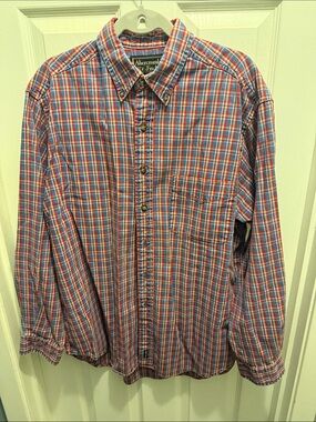 Vintage Abercrombie & Fitch Men’s Red, Blue and White Plaid Button-Down Shirt